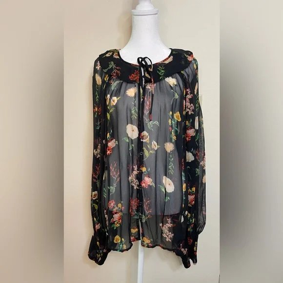 Anthropologie Women’s Sheer Neck Tie Button down Blouse Raglan Sleeve Size Xl. - Picture 4 of 17